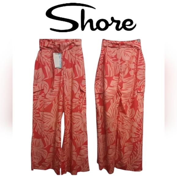 Shore Pants - Shore Resort Wear W Dekota Cargo Pant Coral Palms With Belt High Waist Flare S